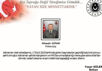 Milli Savunma Bakanlığı: Kalp krizi geçiren Piyade Uzman Çavuş Hüseyin Günay şehit oldu