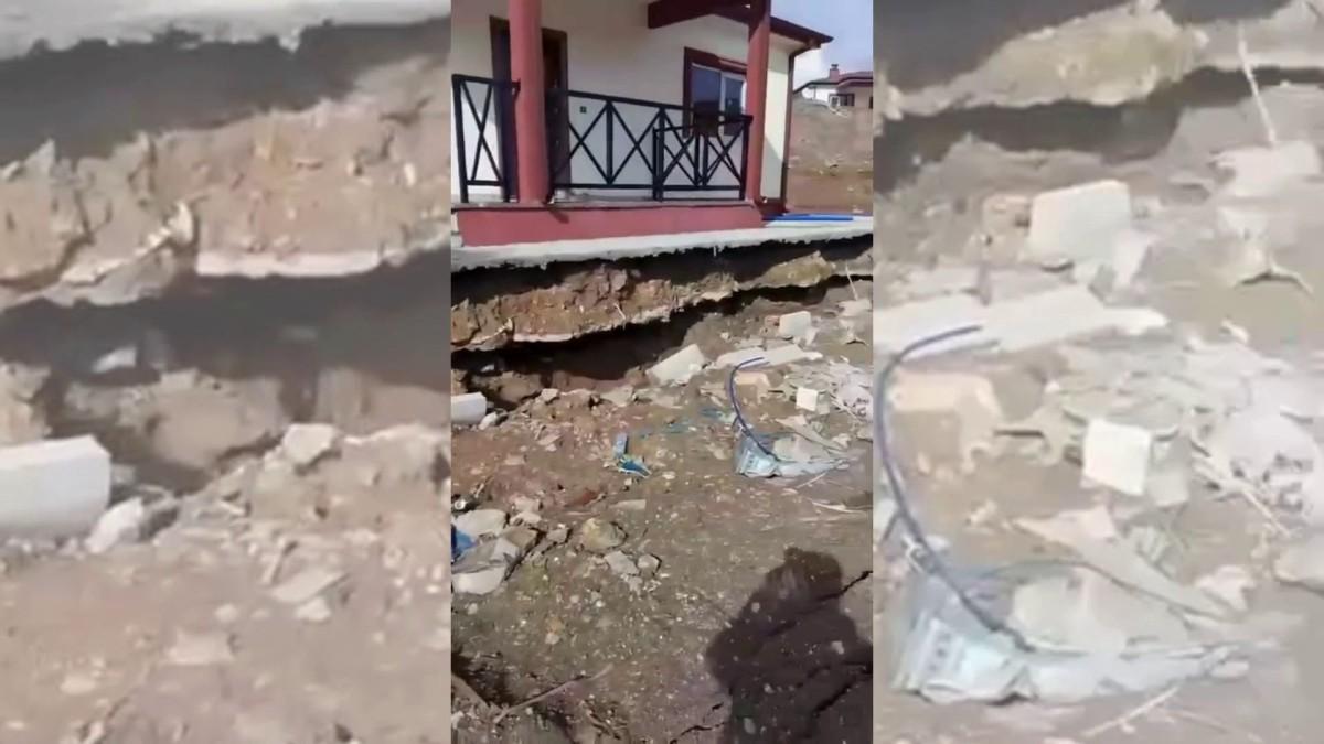 Adıyaman’da yapımı süren köy evlerindeki toprak kayması cep telefonu kamerasına yansıdı - Videolu Haber