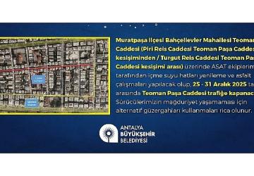 Teoman Paşa Caddesi'nin bir kısmı bir hafta trafiğe kapatılacak