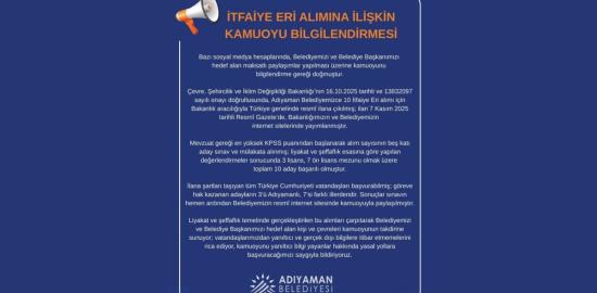 Adıyaman Belediyesi’nden itfaiye eri alımına ilişkin kamuoyu bilgilendirmesi