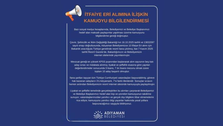 Adıyaman Belediyesi’nden itfaiye eri alımına ilişkin kamuoyu bilgilendirmesi