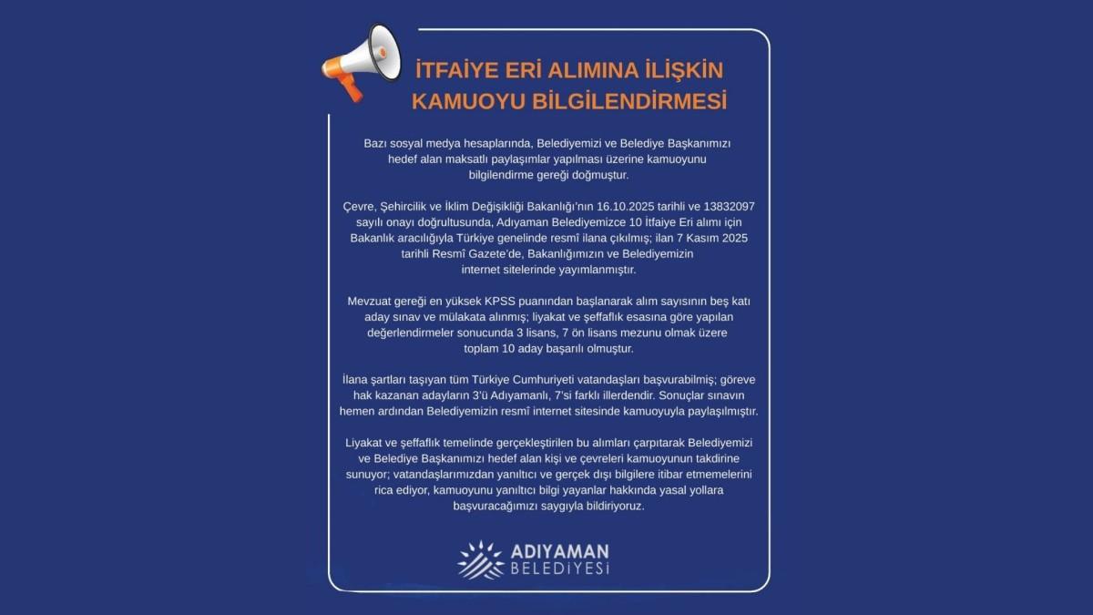 Adıyaman Belediyesi’nden itfaiye eri alımına ilişkin kamuoyu bilgilendirmesi