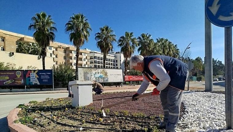 Kemer'de yeşil alanlarda bakım çalışması